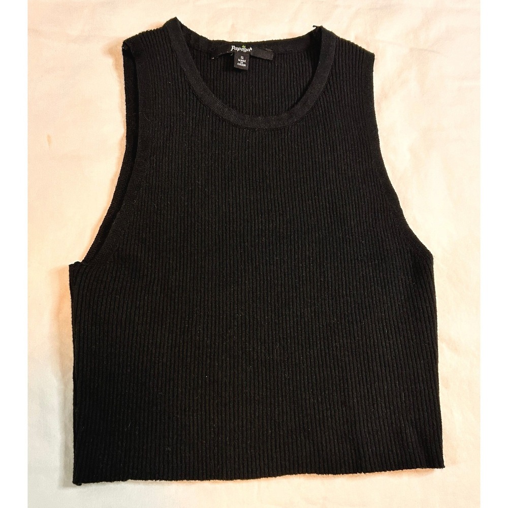 Papaya Womens Black Ribbed Knit Sleeveless Crop Top Crew Neck GT0178-A Small